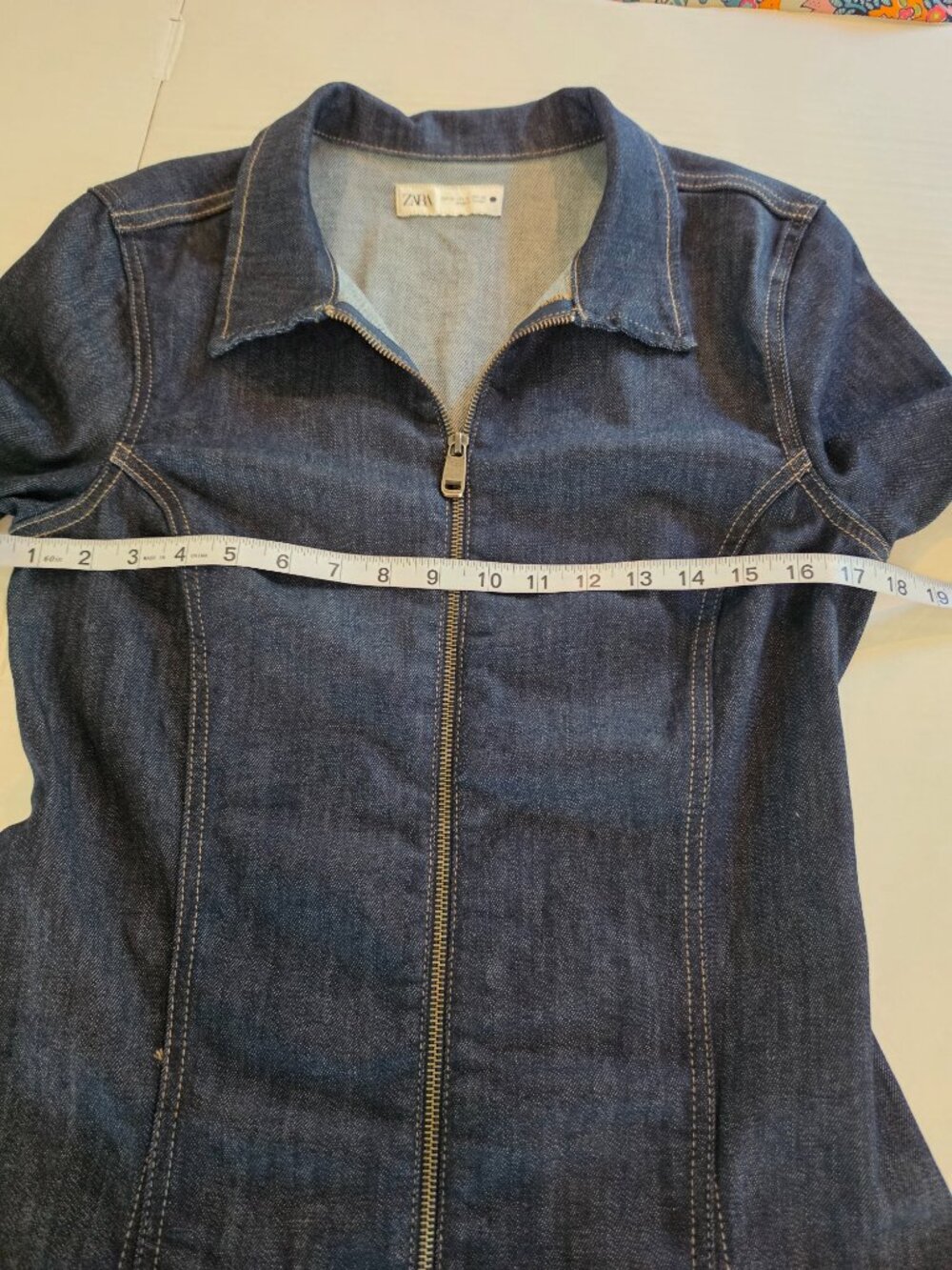 Zara TRF Dark Indigo Short Sleeve Zip Up Front Denim Mini Dress Size XL - Picture 6 of 7